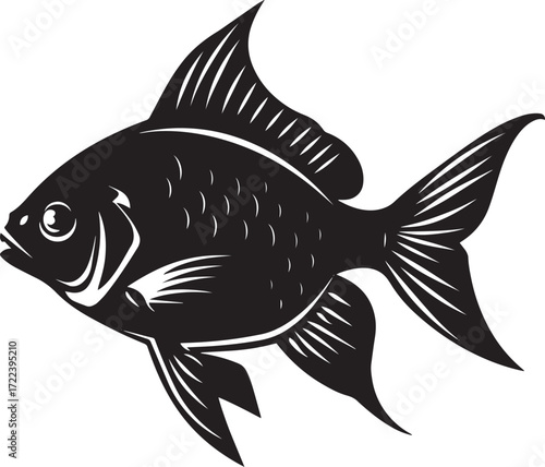 A black and white illustration of a goldfish against a white background.