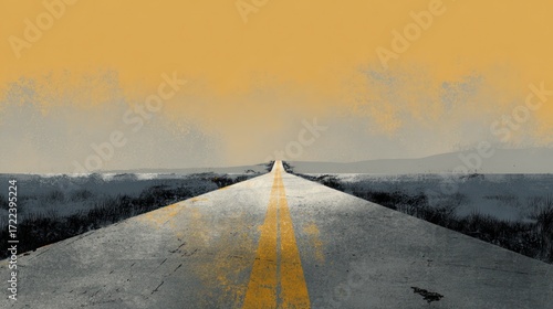 Asphalt road stretches into the distance under a hazy yellow sky, minimalist landscape