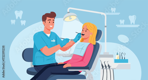 Dental Clinic Illustration: Dentist Examining a Patient's Teeth.