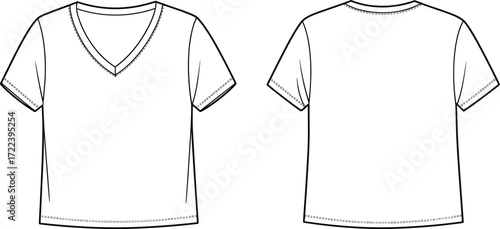 Blank V neck t shirt fashion template, front and back view, plain clothing mockup, unisex apparel design, short sleeve cotton top.