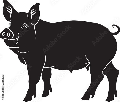 A black and white silhouette of a pig standing on a white background.