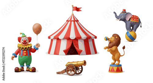 A vibrant circus scene featuring a tent, clown, lion, elephant and cannon