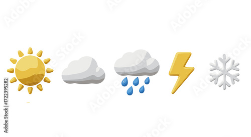 Illustration of weather icons including sun cloud rain lightning snow flake