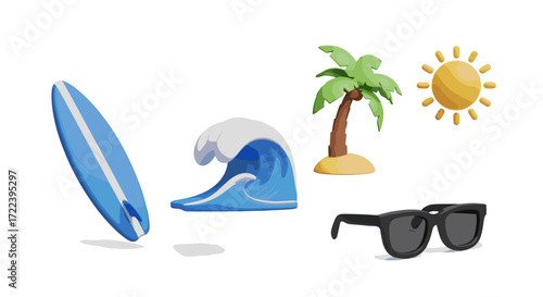 Stylized beach scene with surfboard wave palm tree sun and sunglasses
