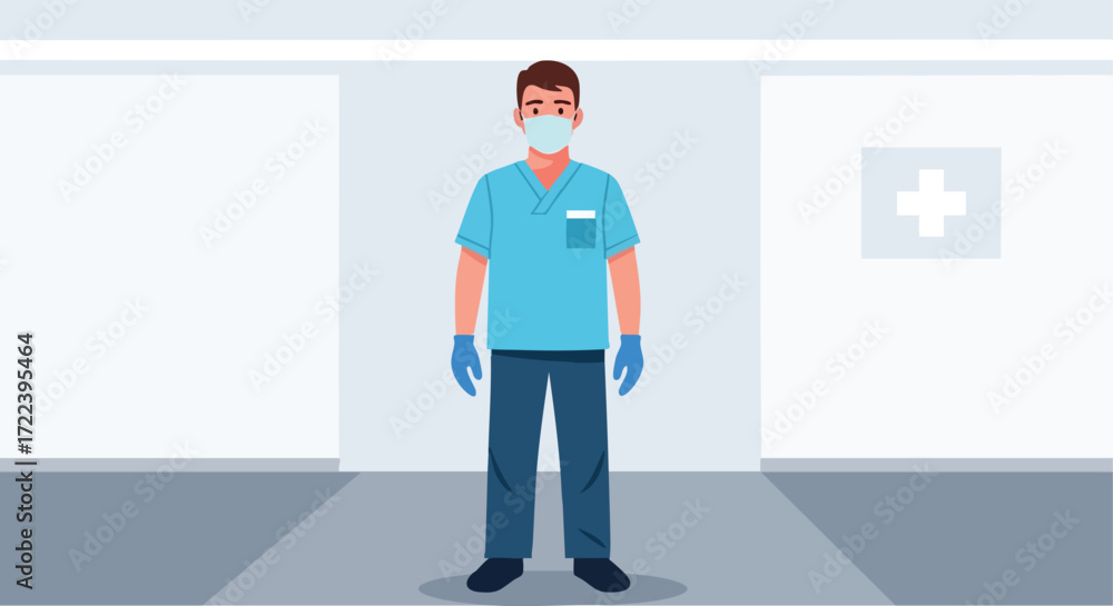 Obraz premium Male Nurse or Doctor with Mask and Gloves Illustration.