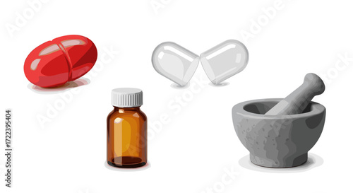 Illustration of red capsule, white tablets, bottle and mortar and pestle