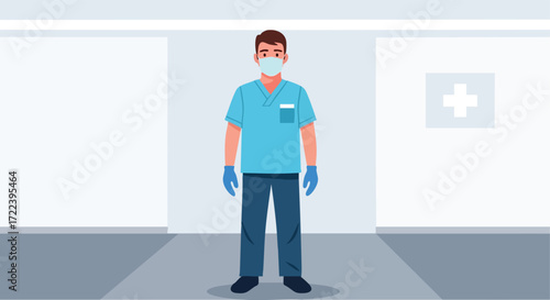 Male Nurse or Doctor with Mask and Gloves Illustration.
