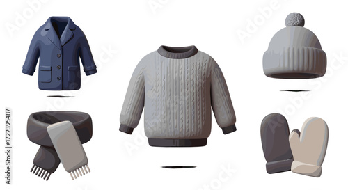 Illustration of winter clothing items including coat sweater hat scarf gloves