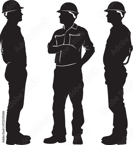 Three men in hard hats standing in a row, discussing work. The concept of teamwork and collaboration.