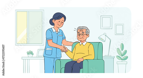Home Healthcare Illustration: Caregiver Assisting a Senior Man.