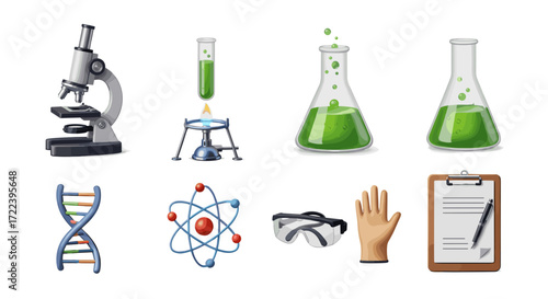 Illustration depicting various scientific laboratory equipment and models