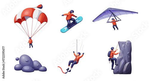 Illustrations showcasing various extreme sports and outdoor activities scenes