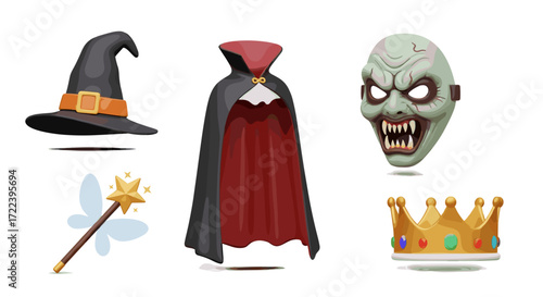 Illustration of halloween costumes including a witch hat and vampire cape
