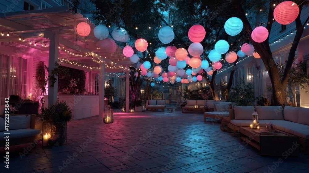 Obraz premium Enchanting Evening Ambiance with Lanterns and Cozy Seating in Outdoor Space