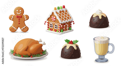 Illustration of christmas themed food items including gingerbread house