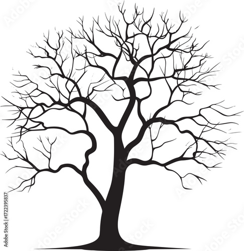 A black and white silhouette of a tree with bare branches against a white background.
