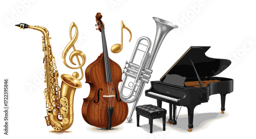 A collection of musical instruments including saxophone, piano and bass