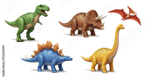 A collection of five cartoon dinosaurs including a t rex and triceratops