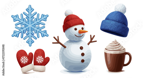 Illustration of a snowman, snowflake, mittens, hat and a cup of cocoa