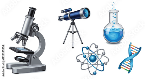 Illustration showing various scientific instruments and models together