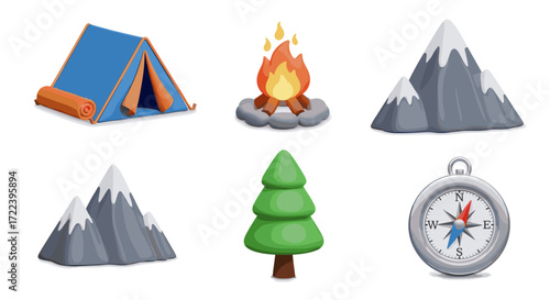 Illustration of camping elements including tent fire mountains and compass