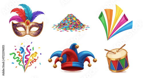 Collection of carnival elements including mask confetti and party favors