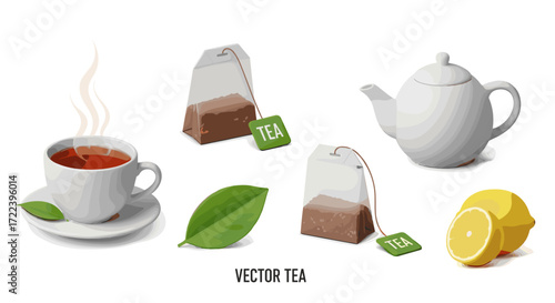 Illustration of a tea set with a cup teapot teabags lemon and tea leaves