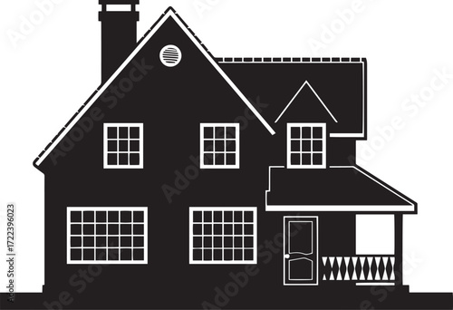 A black and white silhouette of a house with a porch and chimney, set against a white background.