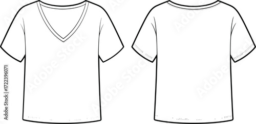 Blank V neck t shirt template, front and back view, fashion apparel mockup, unisex clothing design, plain cotton short sleeve top.