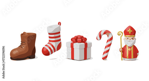 A festive arrangement of christmas themed items in a row on white background