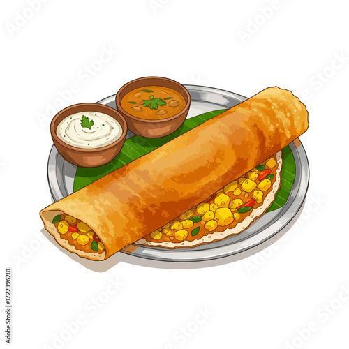 Realistic Vector Illustration of Masala Dosa – South Indian Stuffed Crepe with Chutneys
