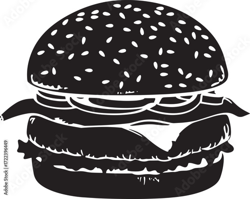 A black and white illustration of a hamburger with sesame seeds on a sesame seed bun.