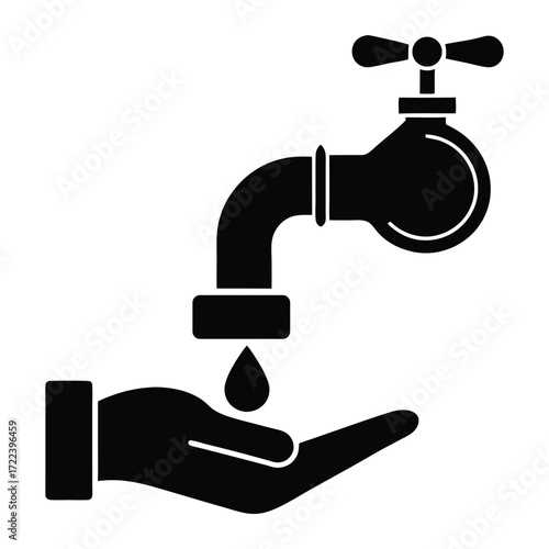 Black Silhouette Hand with Water Tap and Drop Icon Hygiene, Save Water, Wash Vector Illustration