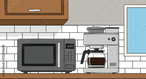 A Microwave and Coffee Maker on a Modern Kitchen Counter