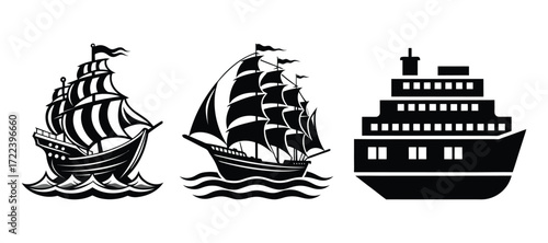 Black Silhouette Sailing Ship Icon Set Vintage Vessel, Nautical, Marine Vector Illustrations
