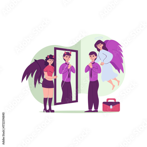The Internal Struggle Devil and Angel Influence a Businessperson's Reflection
