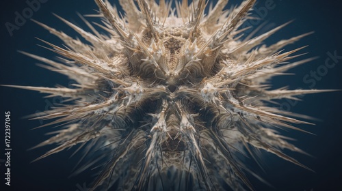Complex abstract spiky organic structure against dark mysterious backdrop