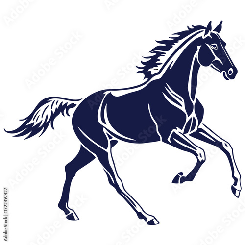 Elegant dark blue silhouette of a powerful horse in full stride with flowing mane and tail on a white background
