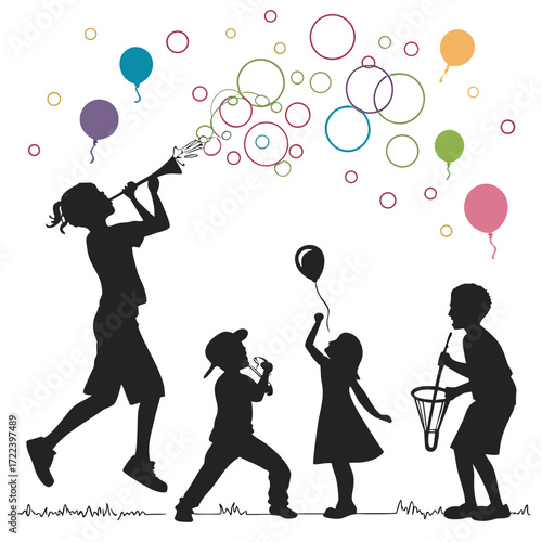 Joyful children silhouettes celebrating with colorful balloons and blowing bubbles on a white background