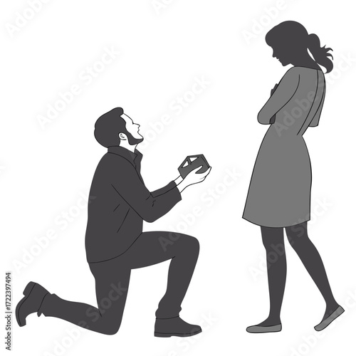 Man on one knee proposing with a ring box to a woman who looks surprised and hesitant with arms crossed
