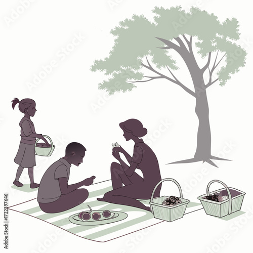 A family enjoying a peaceful picnic under a large tree with food and baskets on a striped blanket outdoors