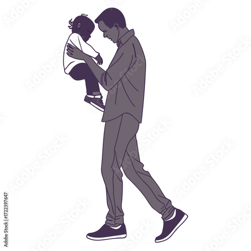 A father lovingly cradles his young child in his arms as he walks creating a tender moment of connection