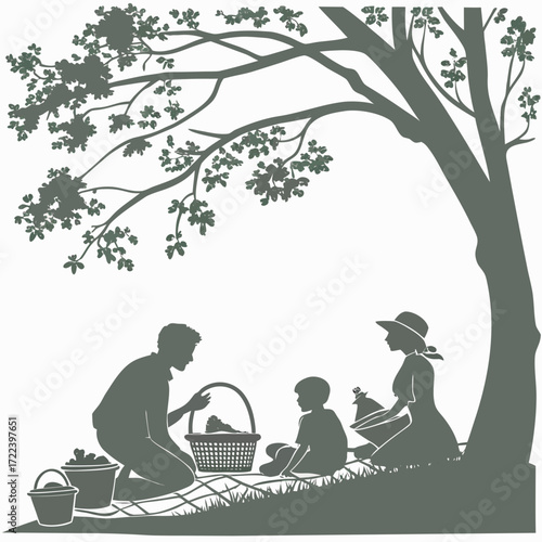A family enjoys a peaceful picnic under a large tree on a sunny day with a basket of food and buckets