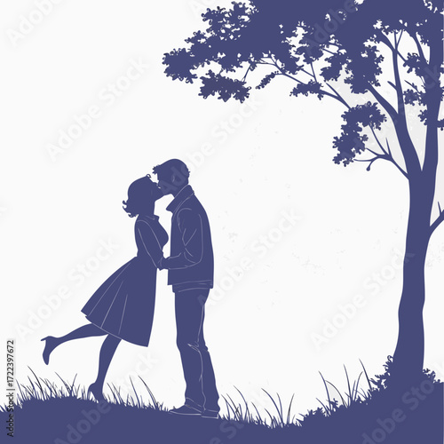 A romantic silhouette of a couple sharing a passionate kiss under a large tree on a grassy hill