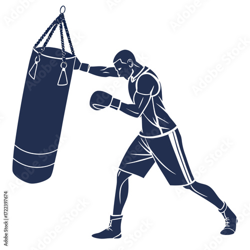 A stylized silhouette of a male boxer in motion powerfully striking a heavy punching bag during intense training