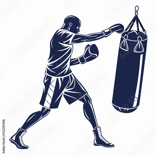 Dynamic silhouette of a boxer training with a punching bag in a focused pose