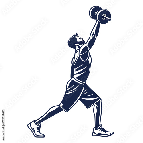 Athletic man performing a dumbbell overhead press exercise with a clean and dynamic silhouette style illustration