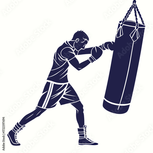 Dynamic silhouette of a boxer punching a heavy bag in a focused training session