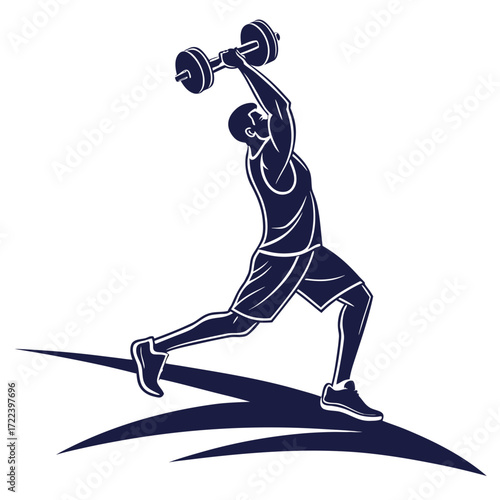 Athletic man with muscular physique performing a powerful overhead dumbbell press exercise in a dynamic pose