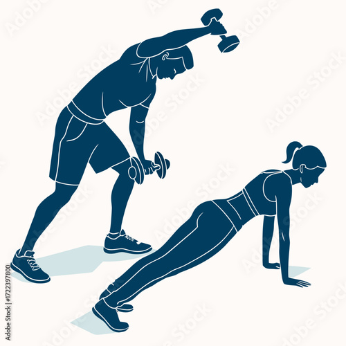 Man performing dumbbell rows and woman in plank position demonstrating a healthy couple fitness routine indoors